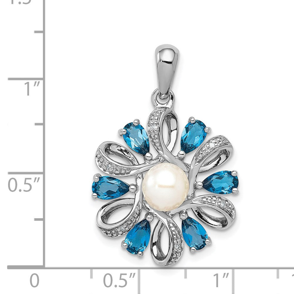Sterling Silver Rhodium Plated Diamond and London Blue Topaz Flower Pendant