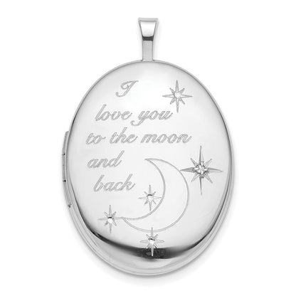 Sterling Silver Rhod-pltd 20mm LOVE TO THE MOON Diamond Oval Locket Pendant