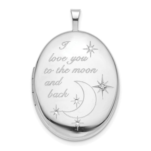 Sterling Silver Rhod-pltd 20mm LOVE TO THE MOON Diamond Oval Locket Pendant