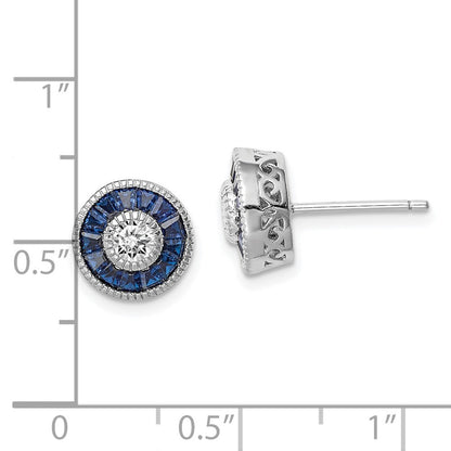 Sterling Silver Rhodium-plated Synthetic Blue Spinel and CZ Button Stud Earrings
