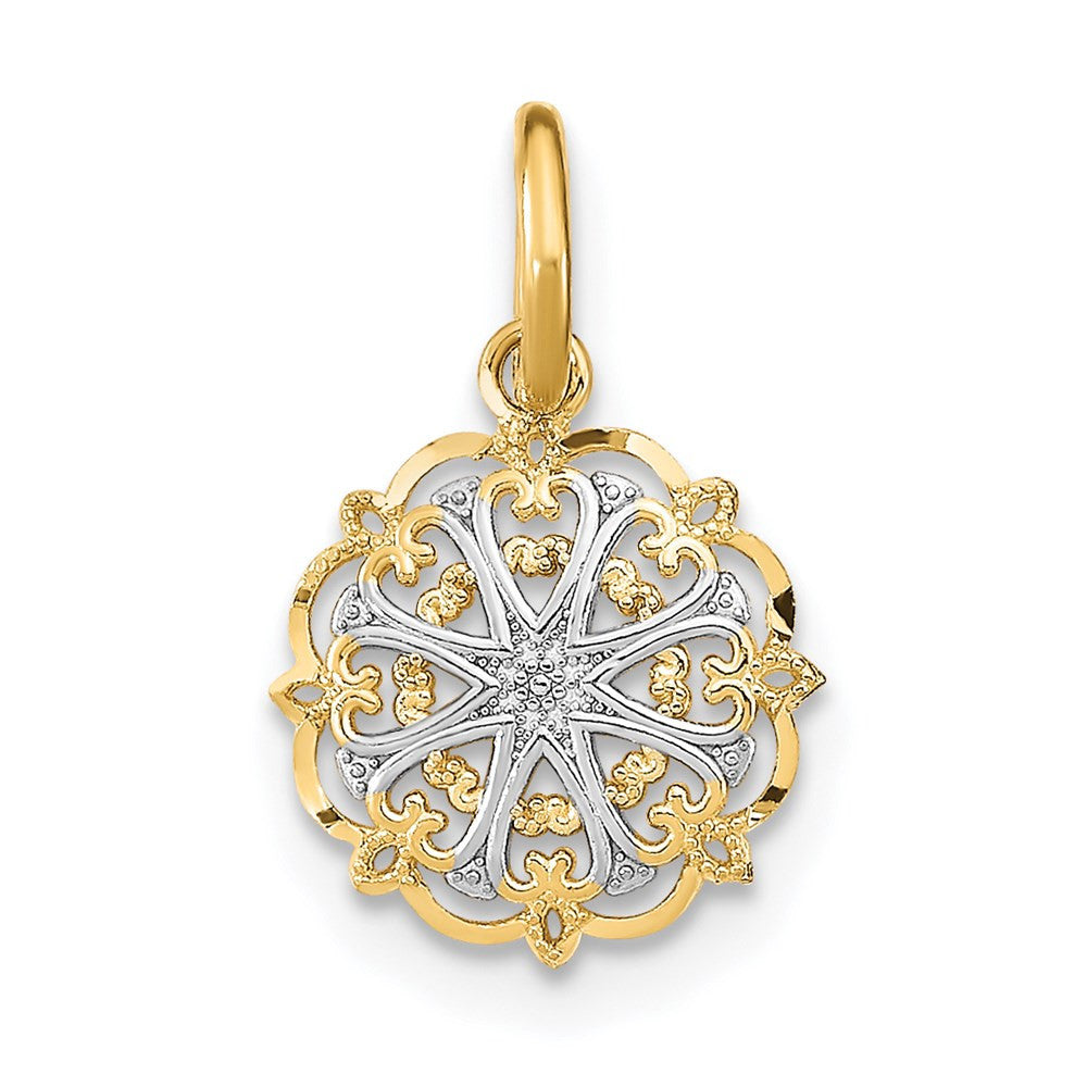 14k Yellow Gold Rhodium Filigree Hearts Charm Pendant