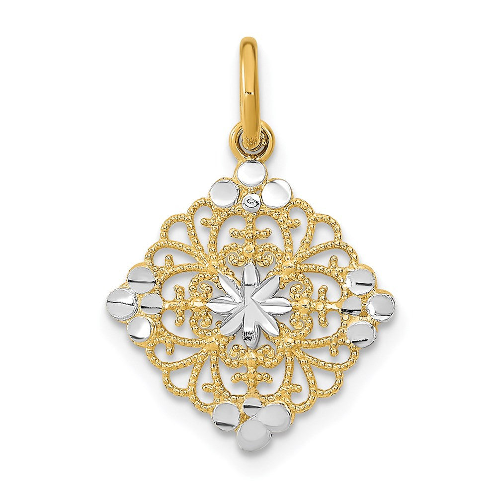 14k Yellow Gold w/Rhodium and D/C Filigree Medallion Charm Pendant