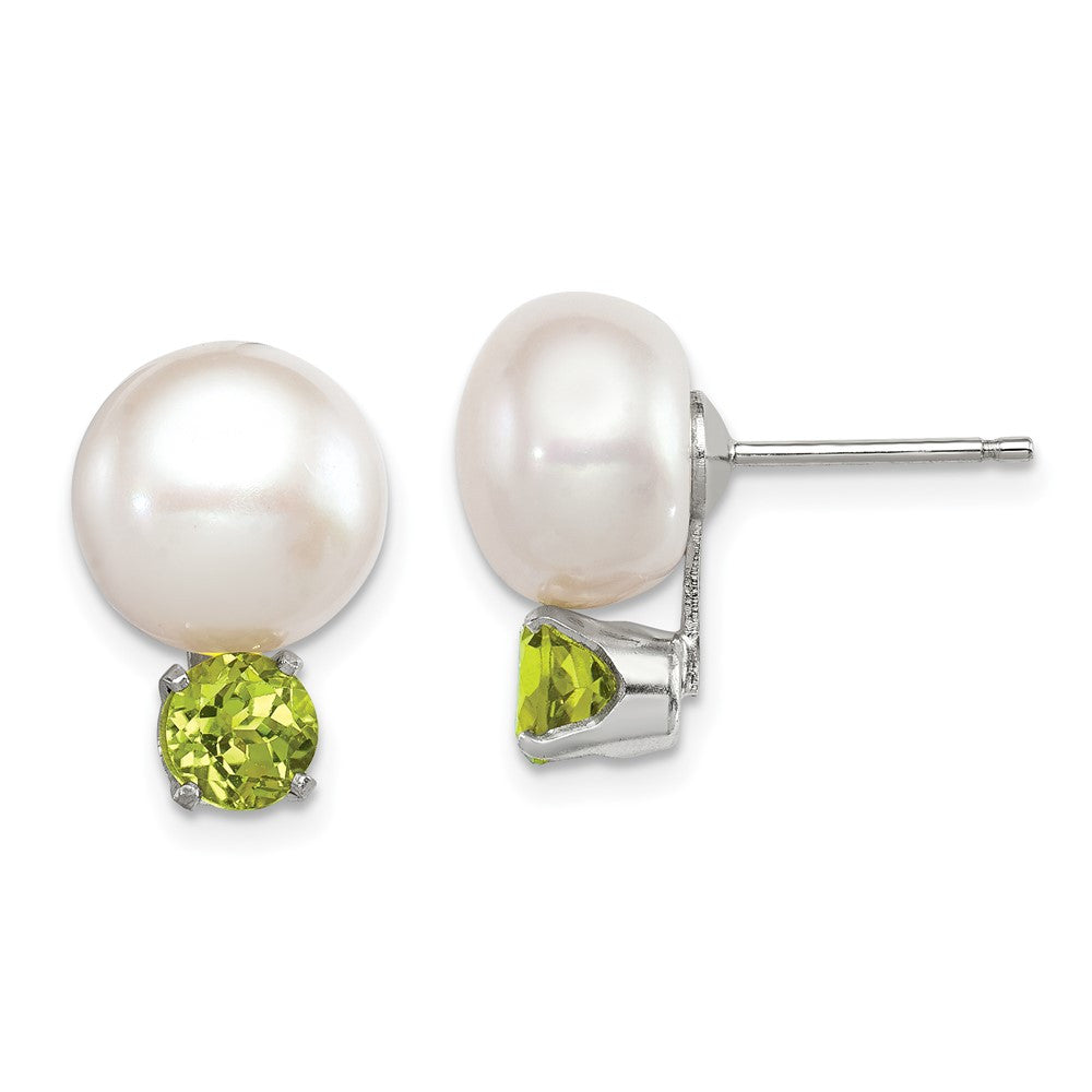 Sterling Silver Rhod-pltd 10-11mm FWC Button Pearl Peridot Button Stud Earrings