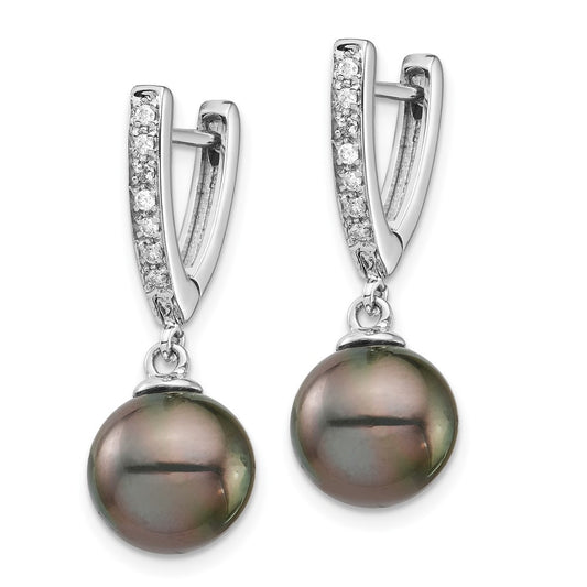 14k Gold 10mm Black Tahitian Saltwater Cultured Pearl & Diamond Dangle Earrings