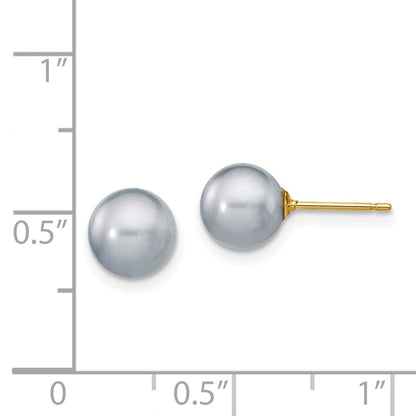 14k Yellow Gold 7-8mm Grey Round Freshwater Cultured Pearl Stud Earrings