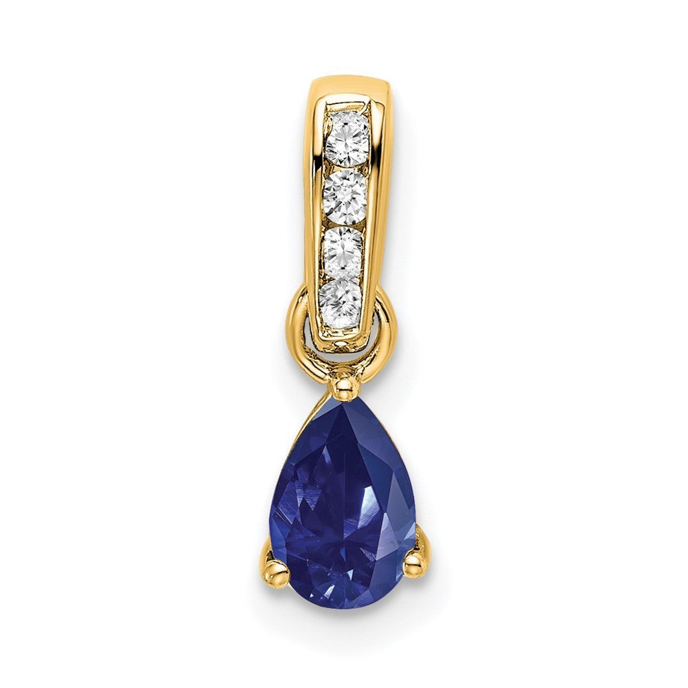 14k Yellow Gold Pear Created Sapphire and Diamond Pendant