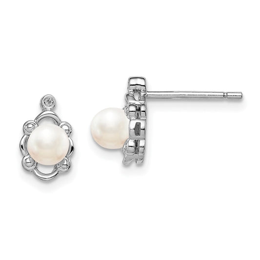 Sterling Silver Rhodium-plated FW Cultured Pearl & Diam. Button Stud Earrings