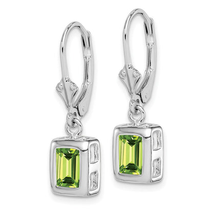 Sterling Silver Rhodium Plated 7x5 Emerald Cut Peridot Leverback Dangle Earrings