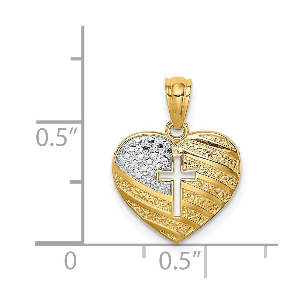 14k Yellow Gold Rhodium US Flag With Cross Heart Pendant