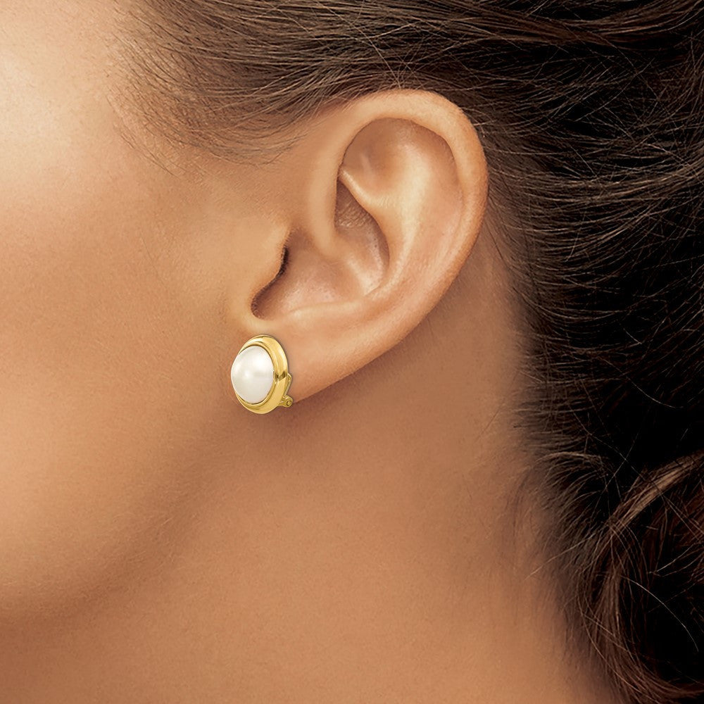 14k Yellow Gold 10-11mm Freshwater Cultured Mabe Pearl Omega Back Stud Earrings