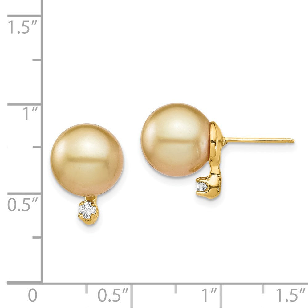 14k Gold Golden South Sea Saltwater Cultured Pearl & Diamond Stud Earrings