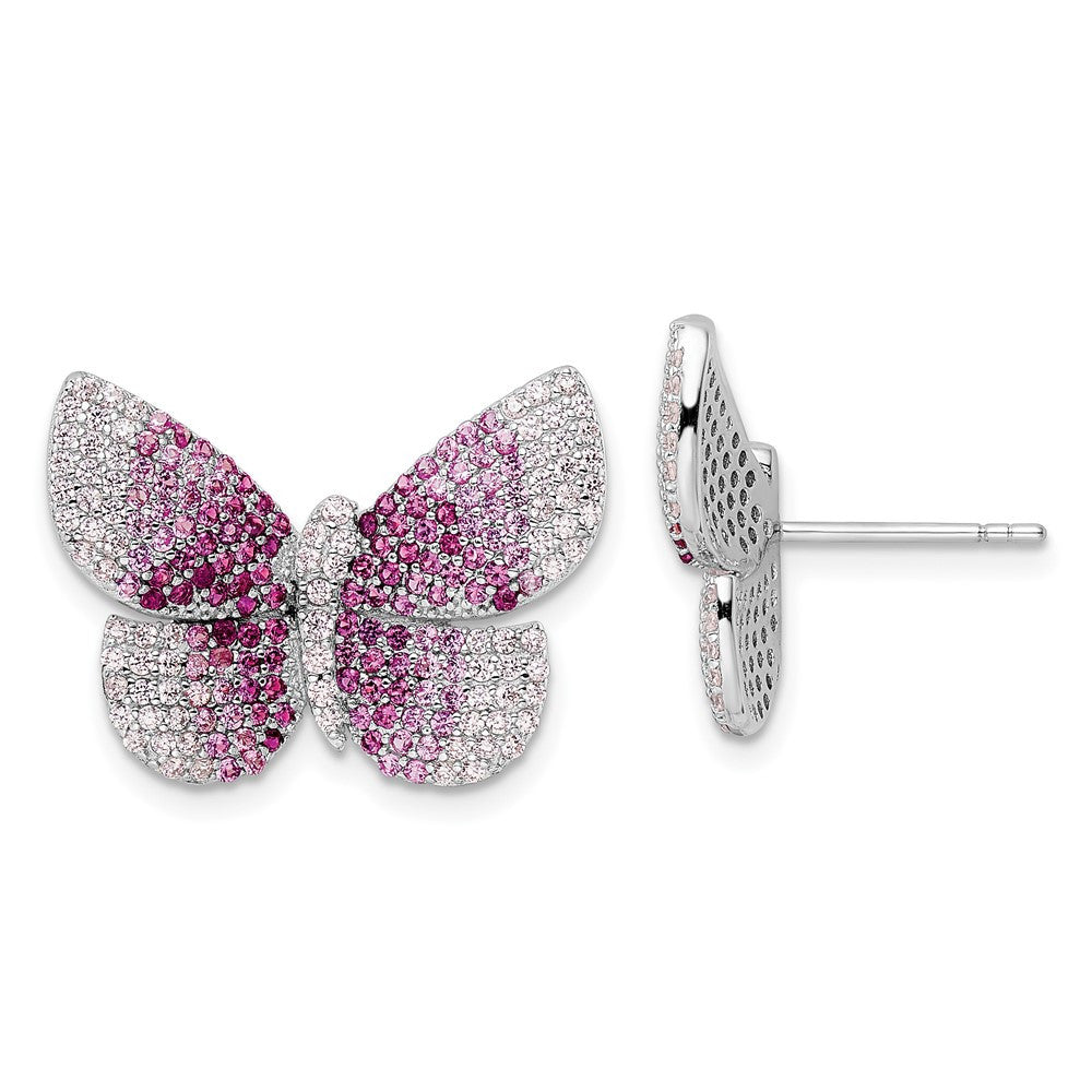 Sterling Silver Rhodium-plated Polished Pink CZ Butterfly Button Stud Earrings