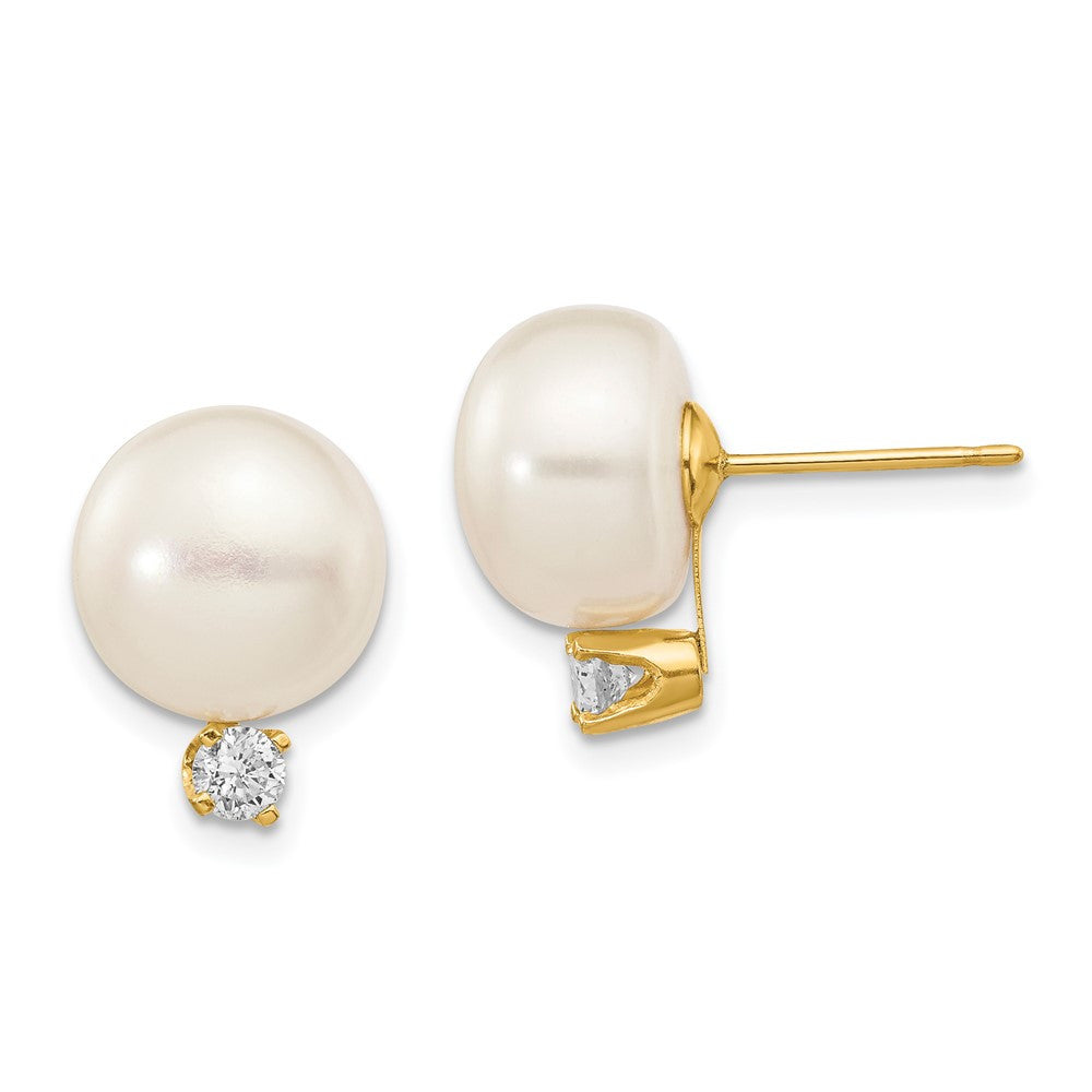 14k Yellow Gold 11mm Button Freshwater Cultured Pearl & Diamond Stud Earrings