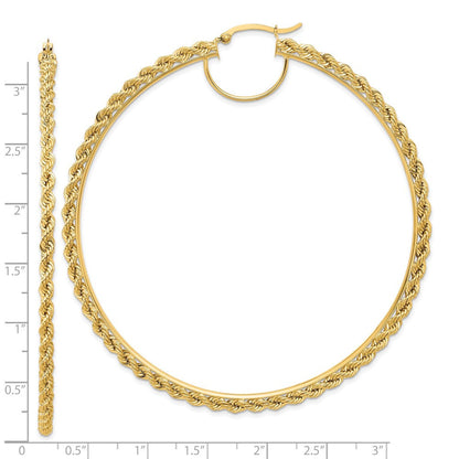 14k Yellow Gold Polished and D/C Rope 2.95mm Hoop Earrings
