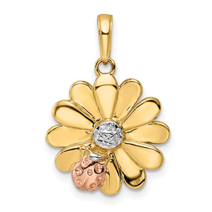 14k Yellow Gold White and Rose Rhodium Diamond-cut Ladybug on Flower Pendant