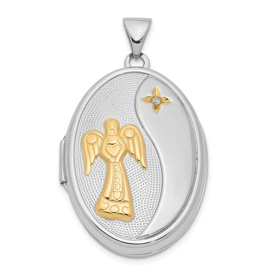 Sterling Silver RH-pltd w/Yellow Rhod Dia God Bless Angel Family Locket Pendant
