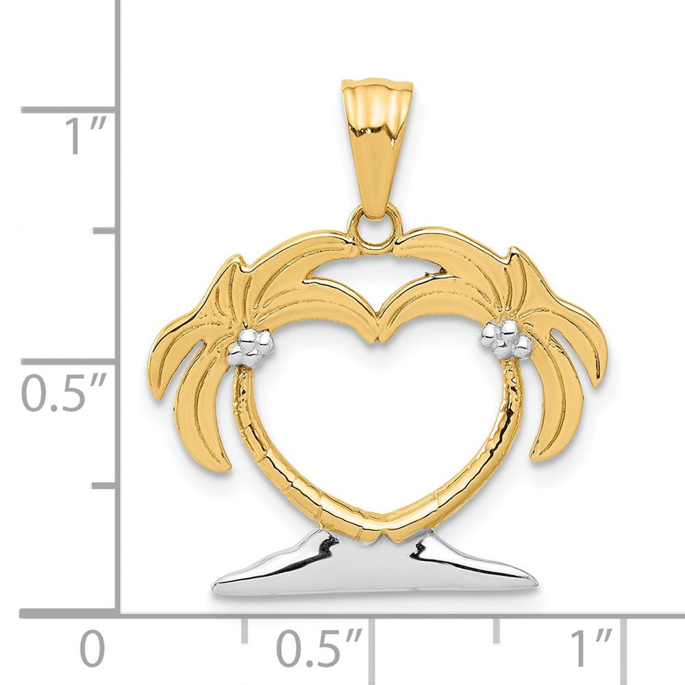 14k Yellow Gold with White Rhodium Palm Tree Heart Pendant