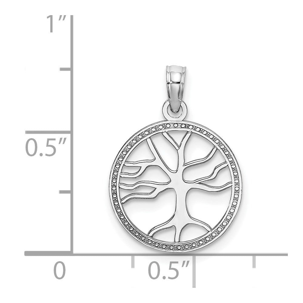 14k White Gold Small Tree of Life In Round Frame Charm Pendant