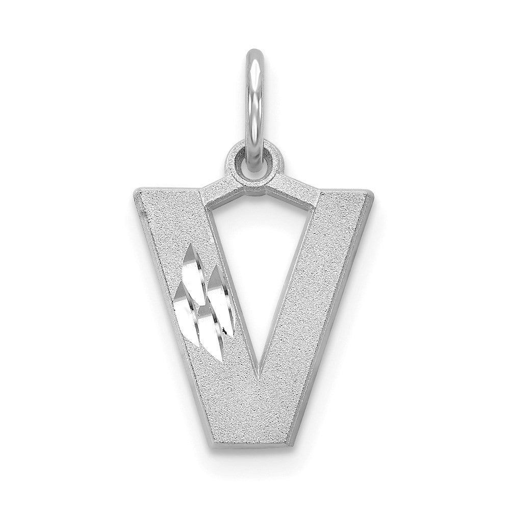 14k White Gold Satin Diamond-cut Letter V Initial Charm Pendant