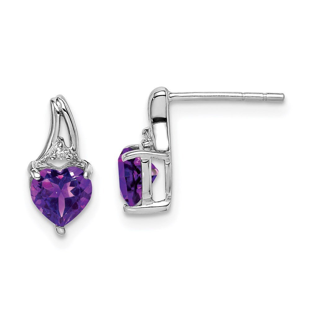 Sterling Silver Rhodium Plated Diamond and Amethyst Heart Dangle Earrings