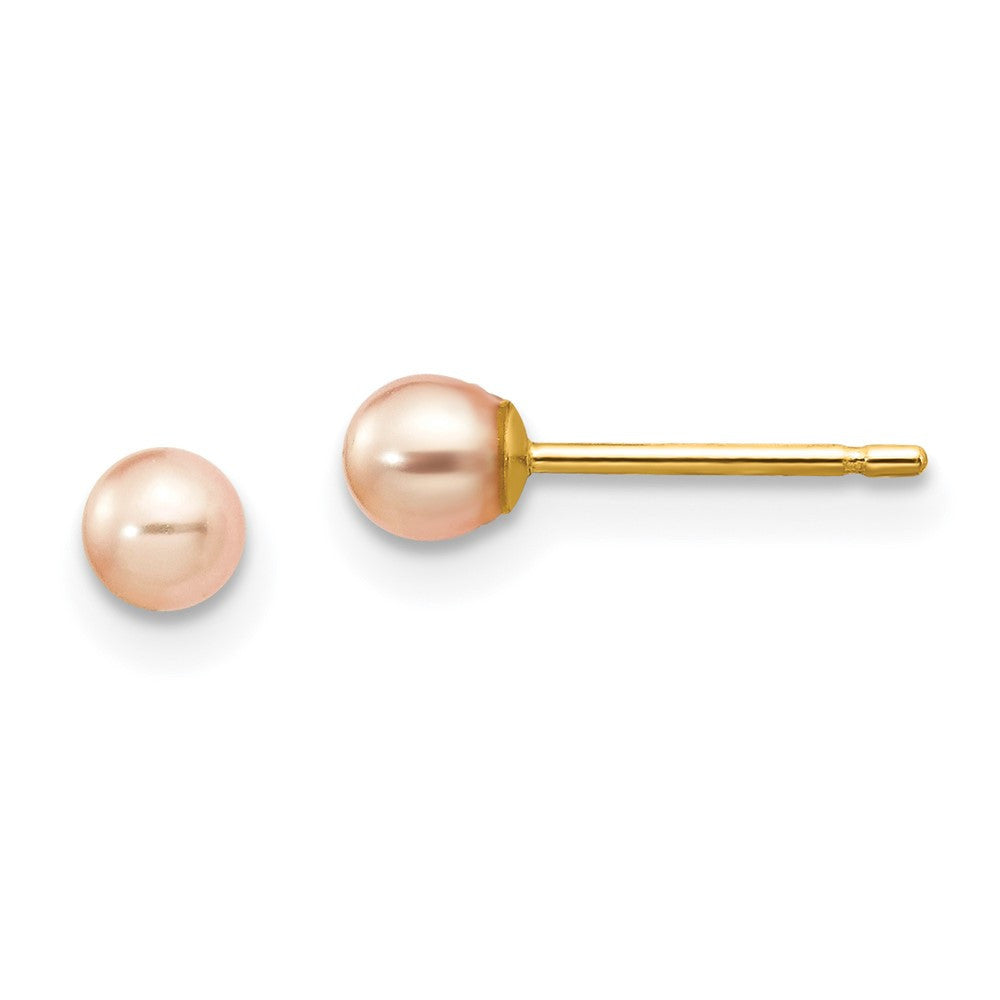 14k Yellow Gold 3-4mm Pink Round Freshwater Cultured Pearl Stud Earrings