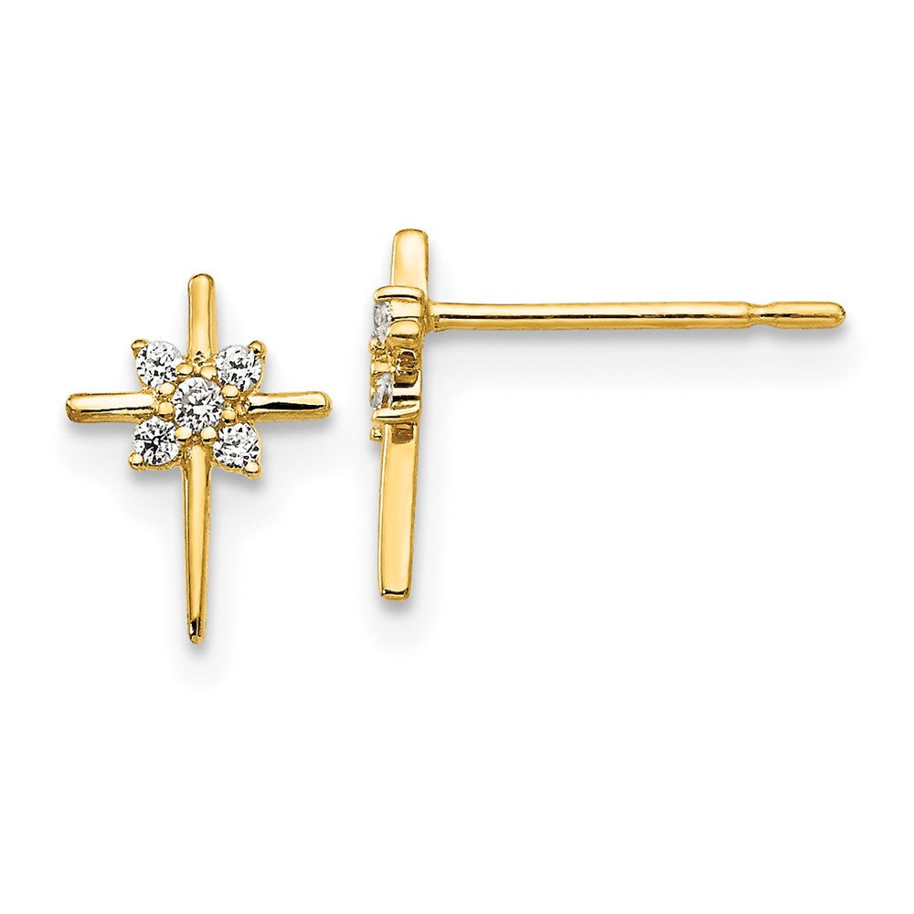 14k Yellow Gold CZ Children's Cross Button Stud Earrings