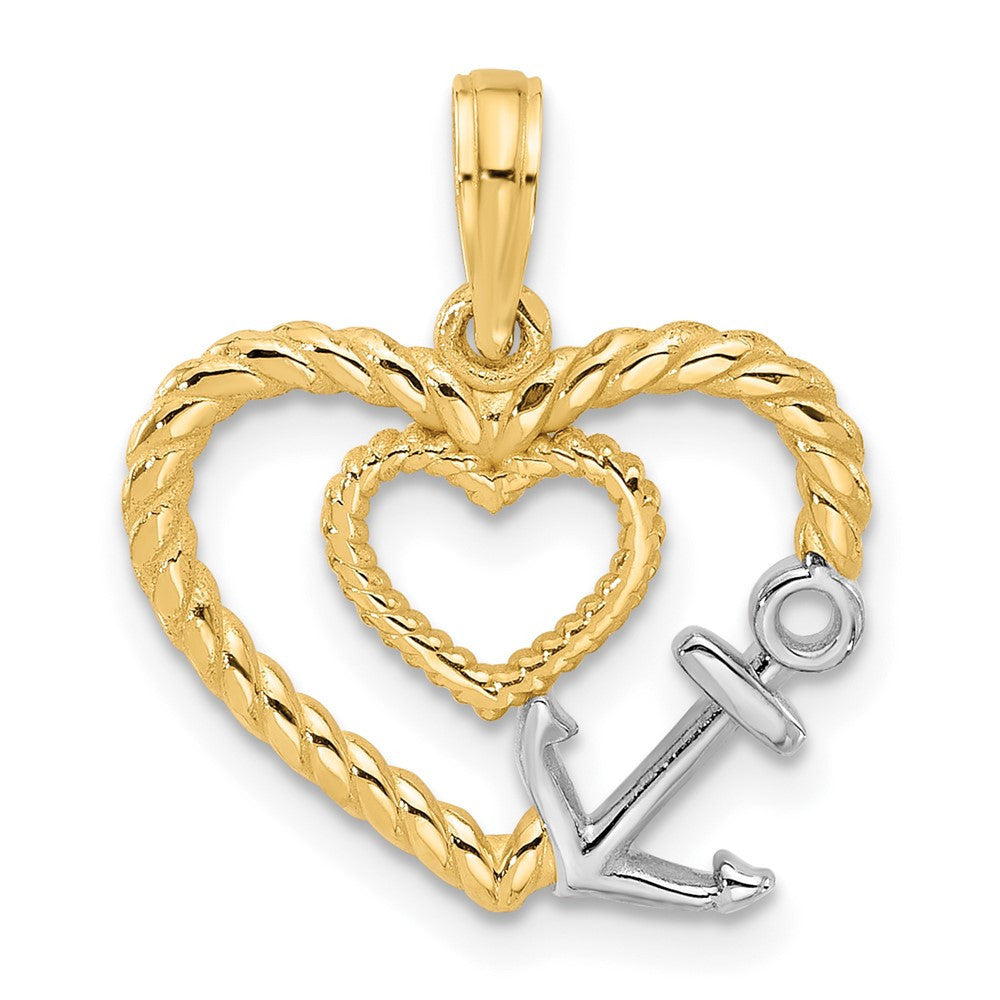 14k Yellow Gold with Rhodium Fancy Rope Heart and Anchor Charm Pendant
