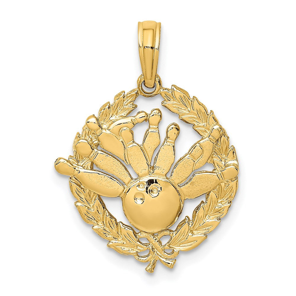 14k Yellow Gold Bowling Story in Leaf Circle Charm Pendant