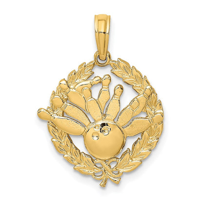 14k Yellow Gold Bowling Story in Leaf Circle Charm Pendant