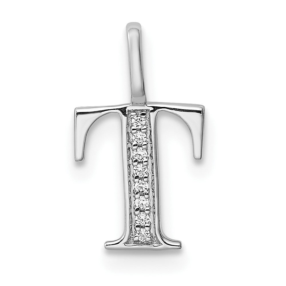 14k White Gold Diamond Letter T Initial Pendant