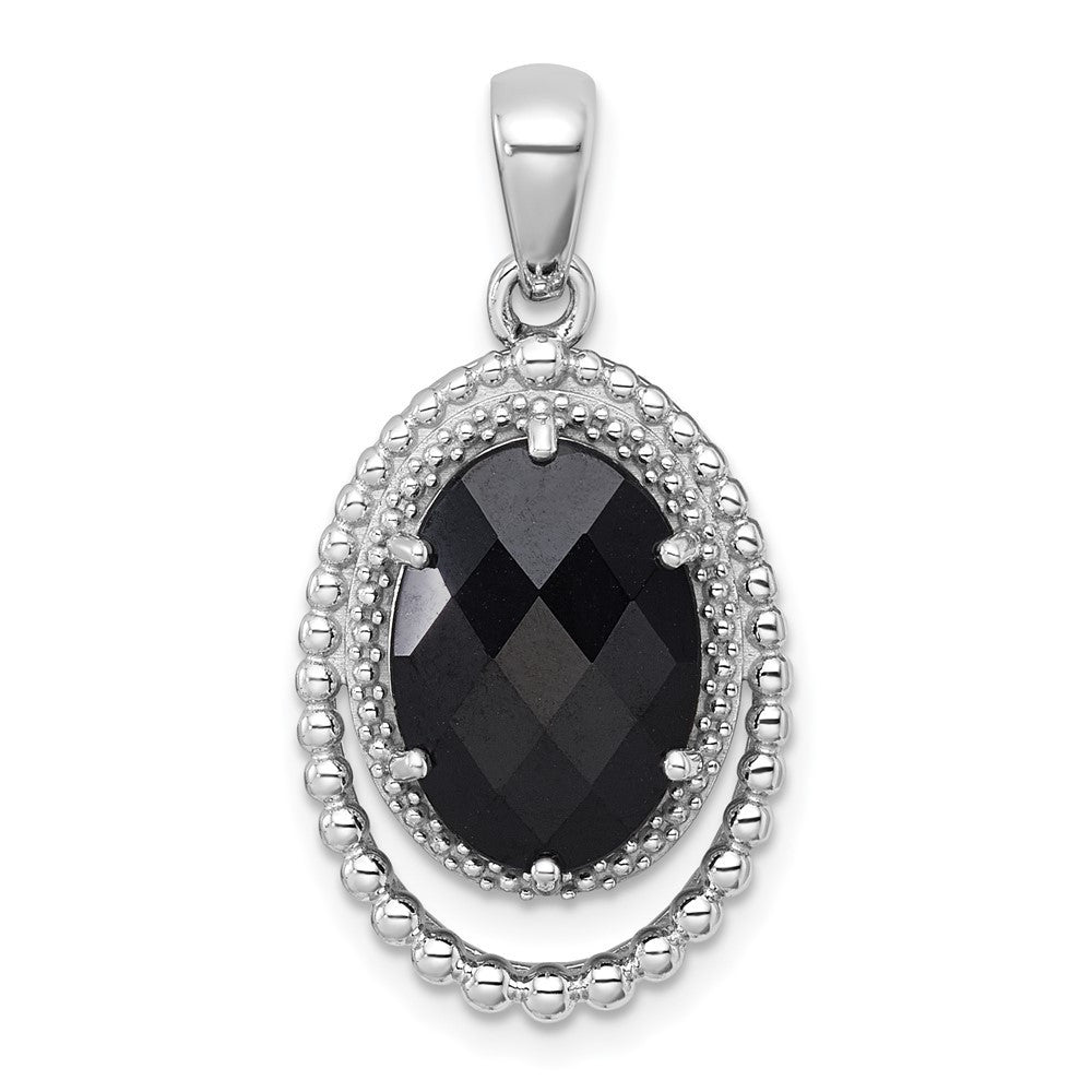 Sterling Silver Rhodium-plated Polished & Beaded Faceted Black Onyx Oval Pendant
