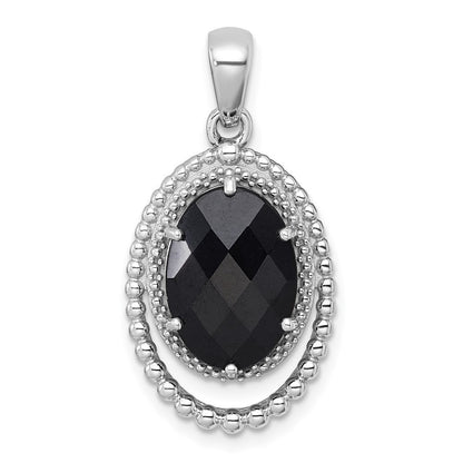 Sterling Silver Rhodium-plated Polished & Beaded Faceted Black Onyx Oval Pendant