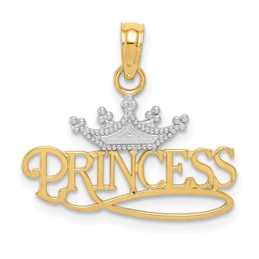 14k Yellow Gold Rhodium Polished PRINCESS with Crown Pendant