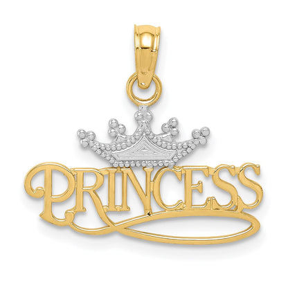 14k Yellow Gold Rhodium Polished PRINCESS with Crown Pendant