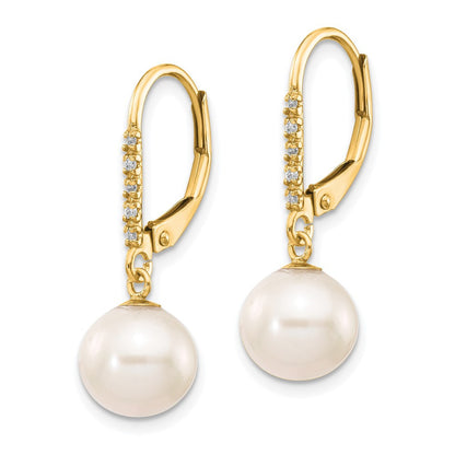 14k Yellow Gold 8-9mm Cultured Pearl and Diamond Dangle Earrings