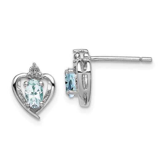 Sterling Silver Rhodium-plated Aquamarine & Diam. Button Stud Earrings