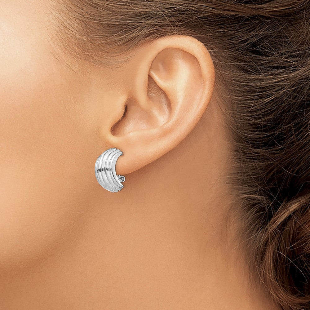 14k White Gold Ribbed Omega Back Hoop Earrings