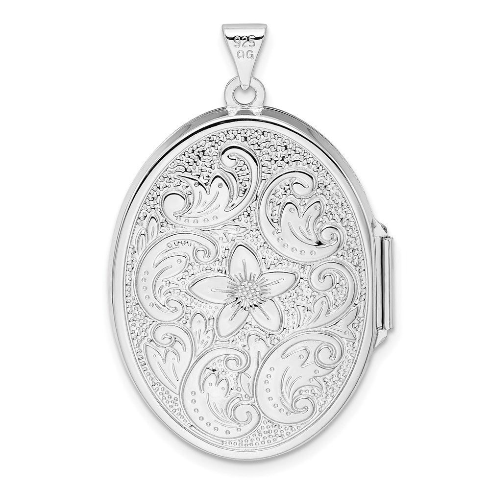 Sterling Silver Rhodium-plated Reversible Floral Swirl Oval Locket Pendant