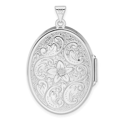 Sterling Silver Rhodium-plated Reversible Floral Swirl Oval Locket Pendant