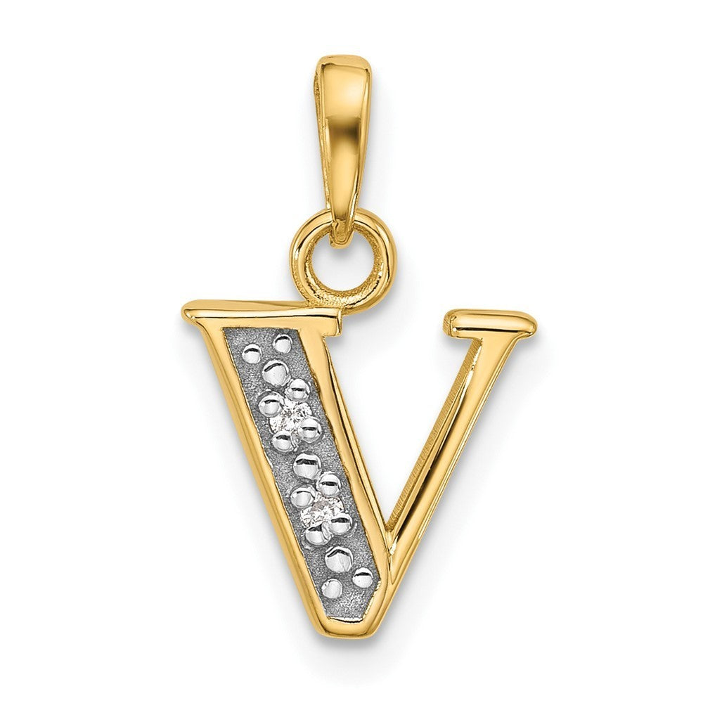 14k Yellow Gold with Rhodium Diamond Letter V Initial Pendant