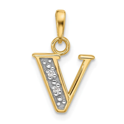 14k Yellow Gold with Rhodium Diamond Letter V Initial Pendant