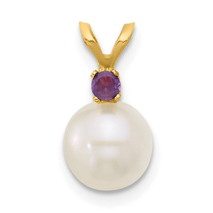 14k Yellow Gold 7mm Round Freshwater Cultured Pearl and .07AM Amethyst Pendant