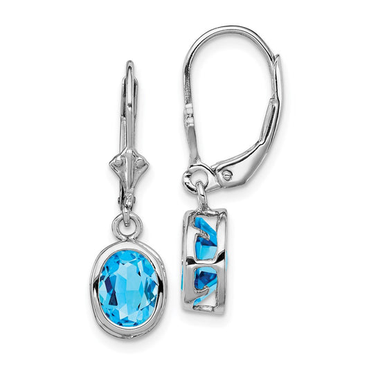 Sterling Silver Rhodium Plated 8x6mm Oval Blue Topaz Leverback Dangle Earrings