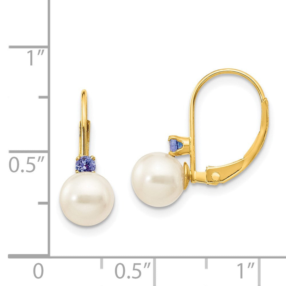 14k Yellow Gold 6-6.5mm Round Cultured Pearl & Tanzanite Drop & Dangle Earrings