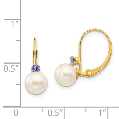 14k Yellow Gold 6-6.5mm Round Cultured Pearl & Tanzanite Drop & Dangle Earrings