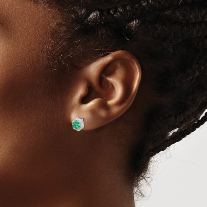 Sterling Silver Rhodium Emerald & Diamond Button Stud Earrings