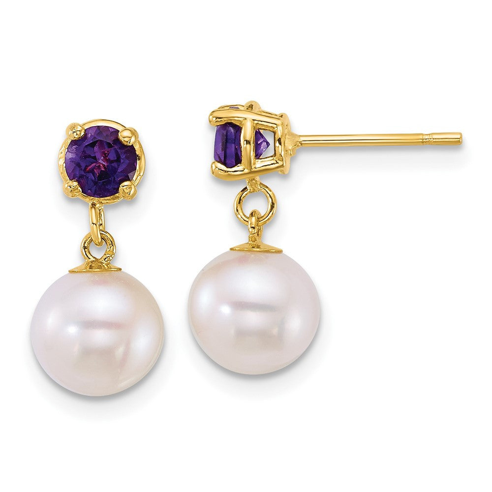 14k Yellow Gold 7-8mm Freshwater Cultured Pearl & Garnet Dangle Earrings