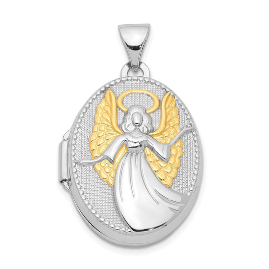 Sterling Silver Rhodium-plated & Gold-plated Guardian Angel Oval Locket Pendant