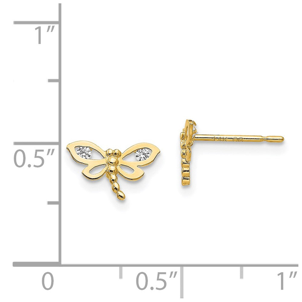 14k Yellow Gold CZ Children's Dragonfly Button Stud Earrings
