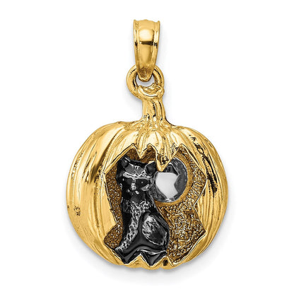 14k Yellow Gold 3-D Jack-o-Lantern Enameled Black Cat & Moon Charm Pendant